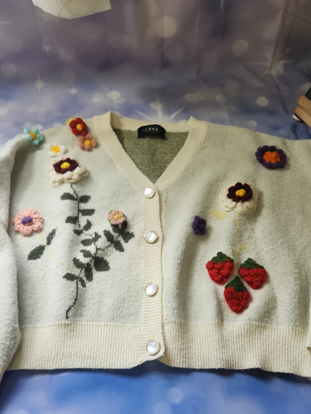 Cider Cream Floral & Strawberry Appliqué V-Neck Cardigan